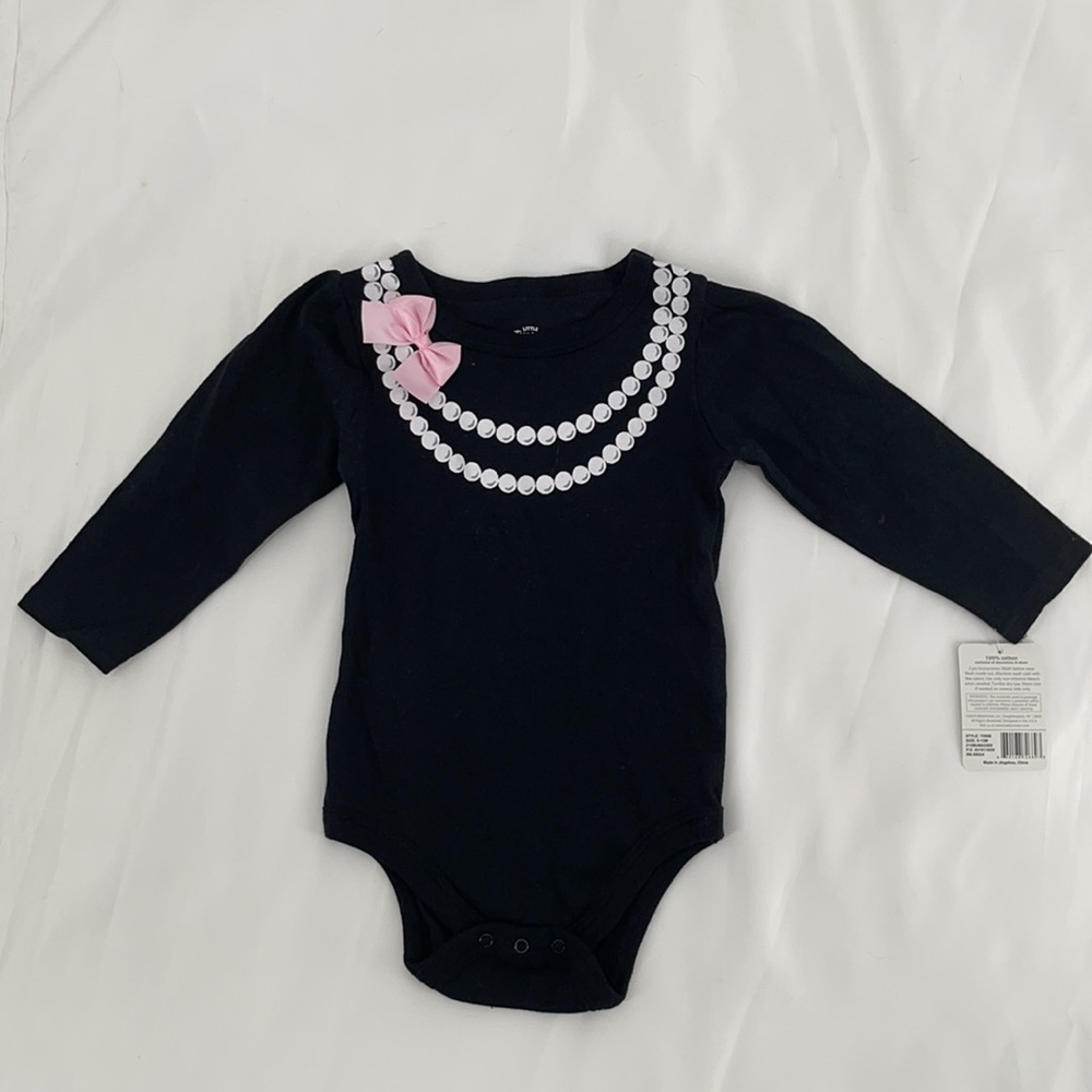 Little Treasure Girls Black and Pearls Design Long Sleeve Onesie Sz 9 -12 Months